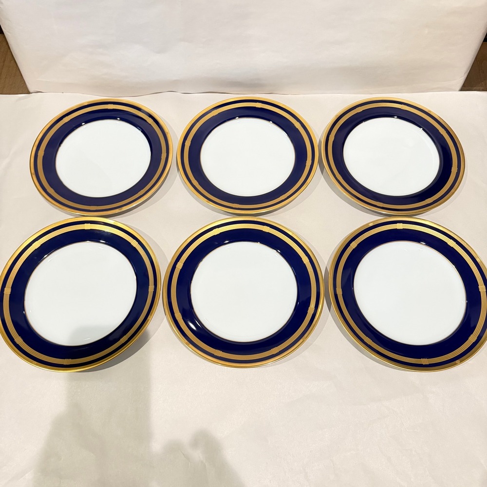 Christian Dior Gaudron Lapis Salad Plates Set of 6 Cobalt 24K Gold CD Unused